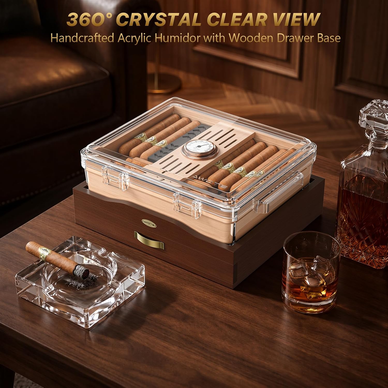 Home Fragrance Maple Walnut - Acrylic Cigar Humidor Box, Desktop Cigar