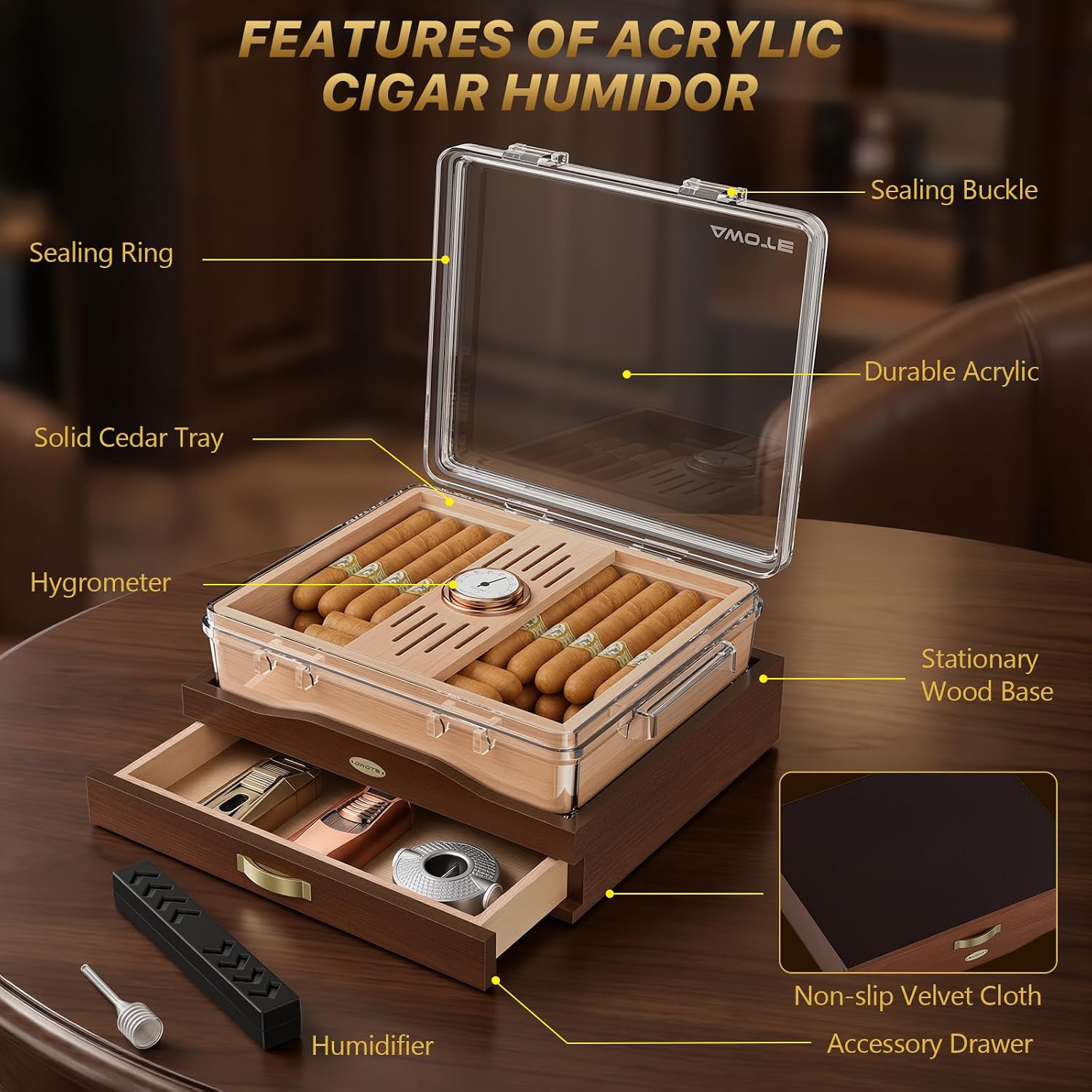 Acrylic Cigar Humidor Box, Des - Home Fragrance Maple Walnut 评论和价格